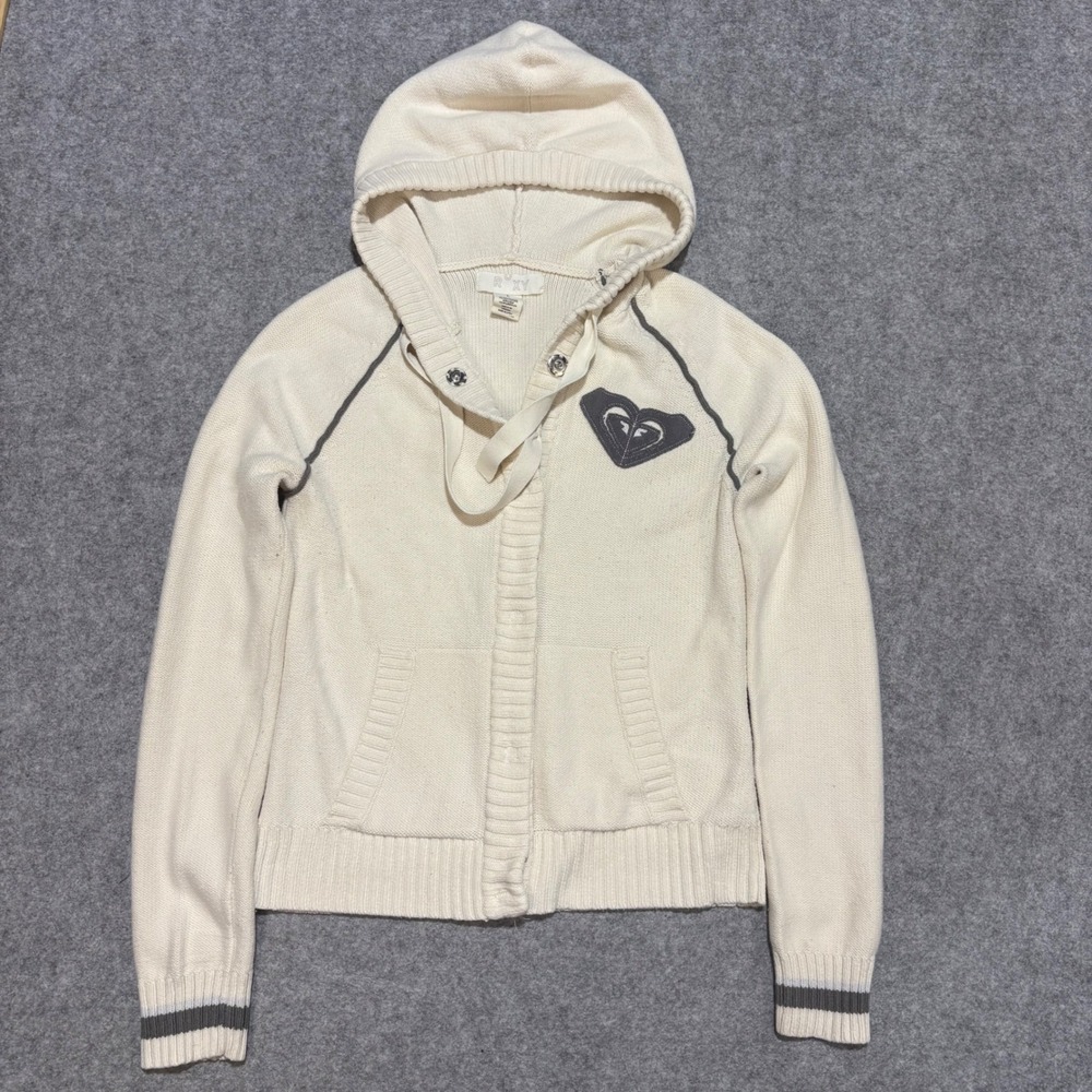 Roxy Women Cream Knit Hooded Sweater Snap Front Heart Logo Patch Size L